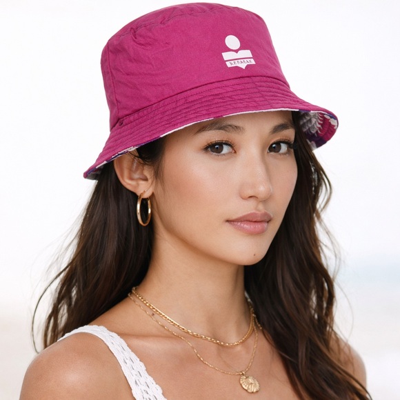 Isabel Marant Reversible Multicolor Haley Bucket Hat Patchwork White Pink EUC - Picture 3 of 10